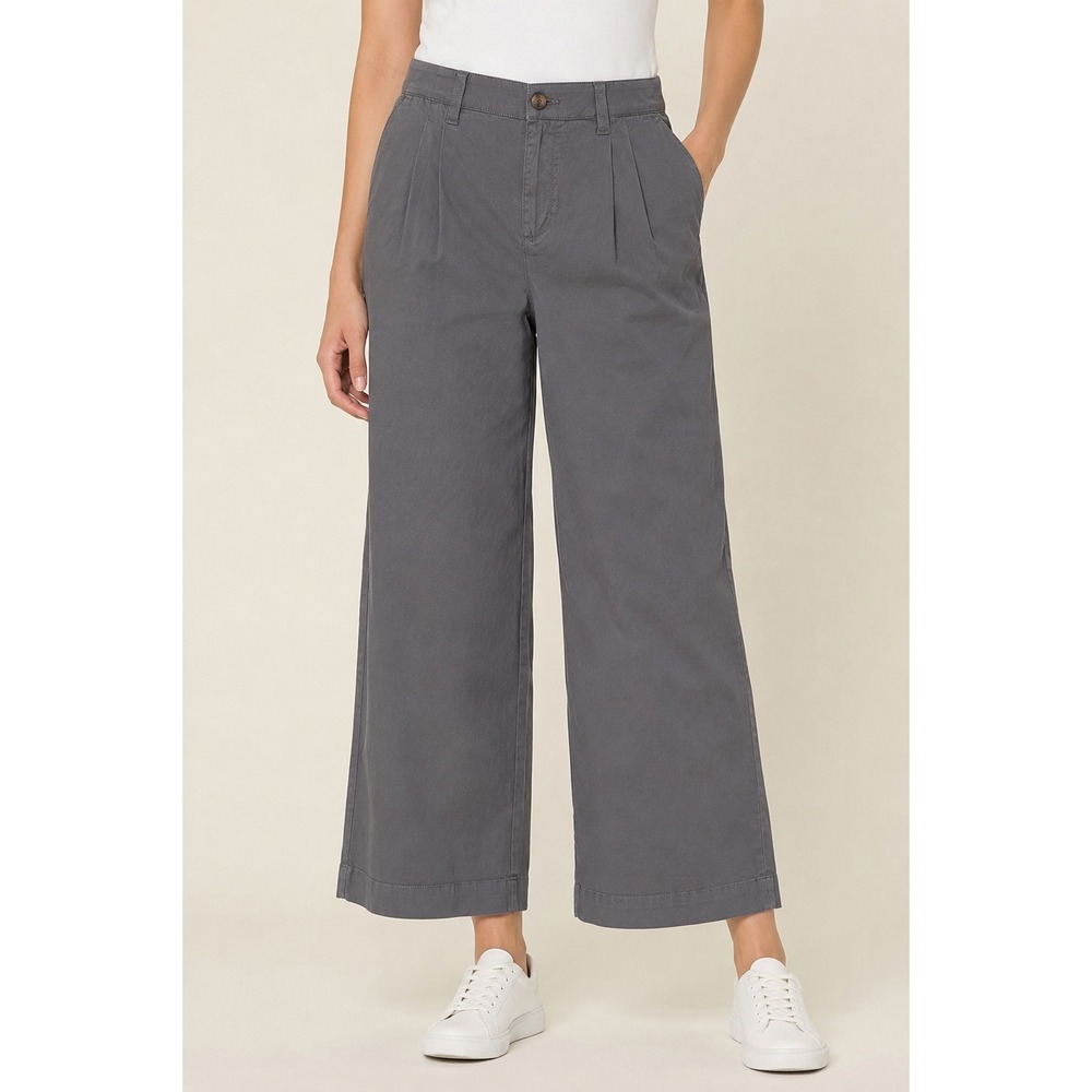 Pact Women's L Gray Pleated Wide Leg Chino Pants Organic Cotton Adjustable Waist